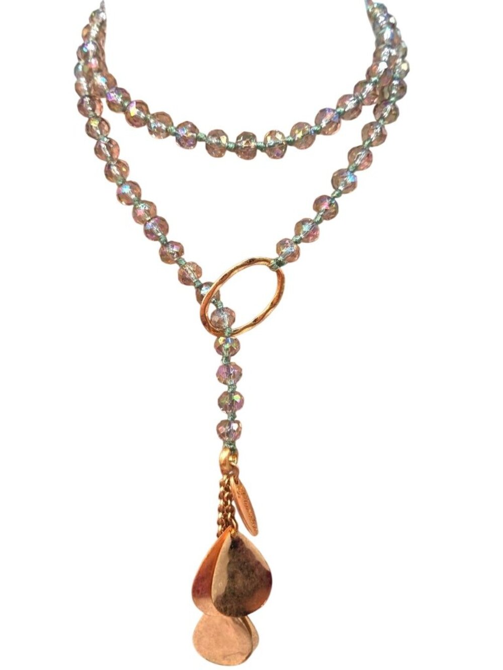 Plunder Gold-Tone Necklace With Iridescent Beads & Chain Tassel Drop